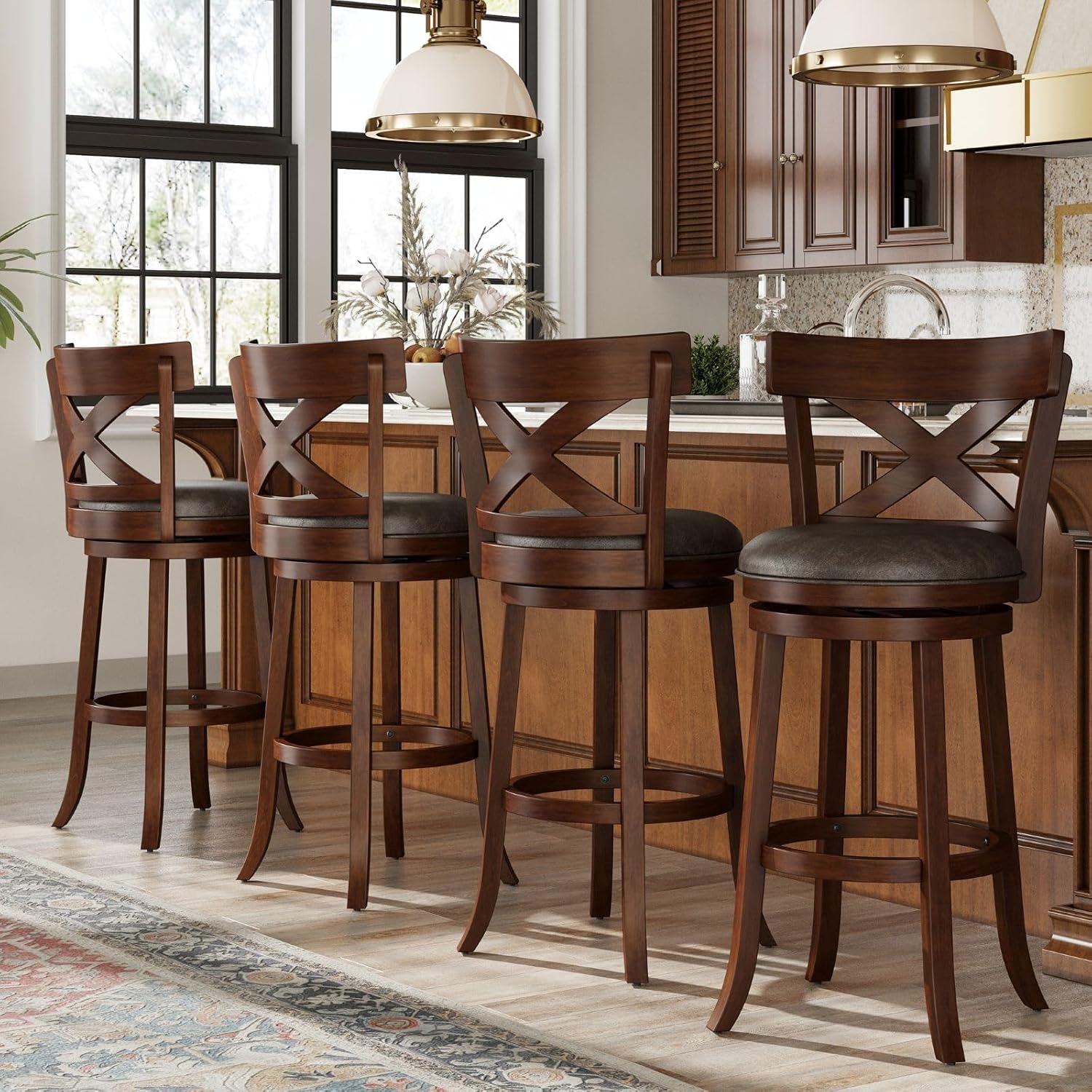 Sophia & William Swivel Bar Stools Set of 4, 30 Inch Bar Height Barstools with Cross Back & Walnut Wood Legs,Faux Leather Kitchen Stools, Brown