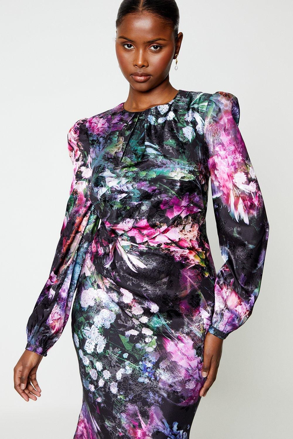 Coast Long Sleeve Satin Jacquard Midi Dress