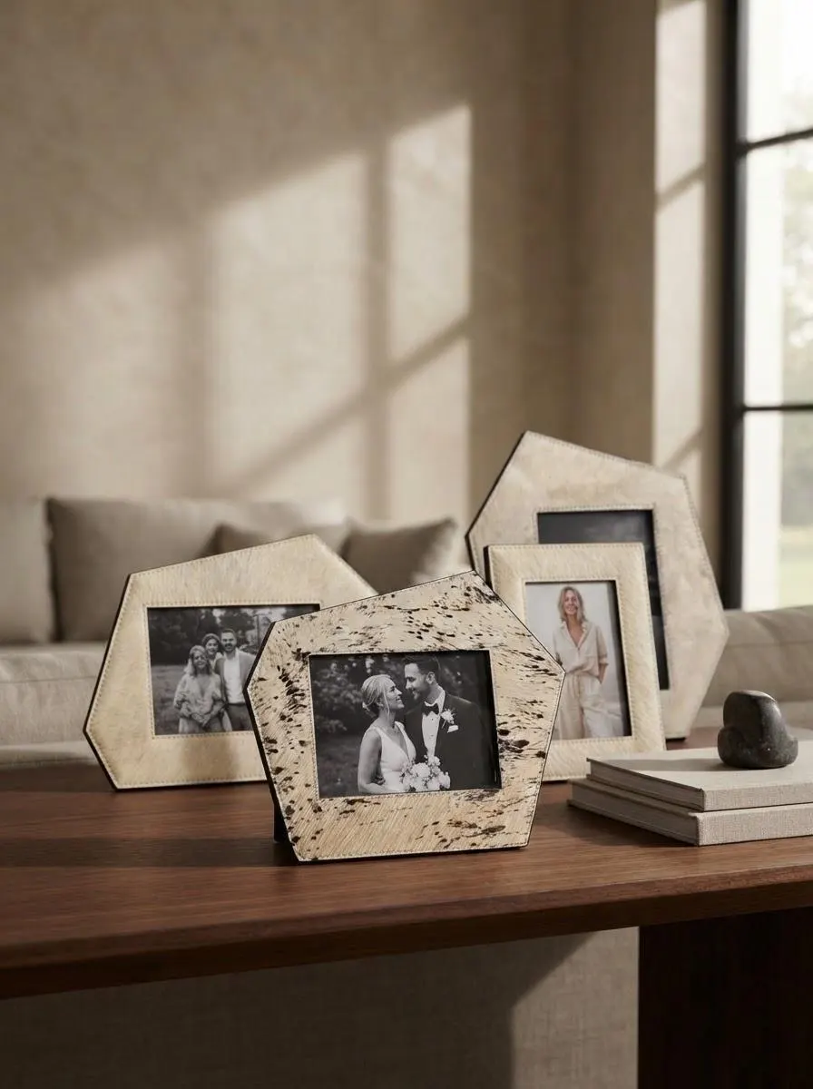 Genuine Horsehair Geometric Photo Frame, Organic Modern Tabletop Decor
