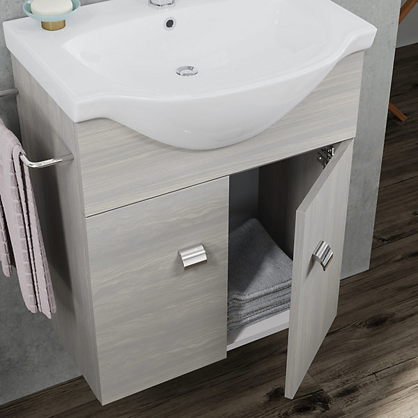 Armoire De Toilette Suspendue 56,5Cm Composition 2A Lavabo Et Miroir Gris Chêne   Colonne Gris Chêne