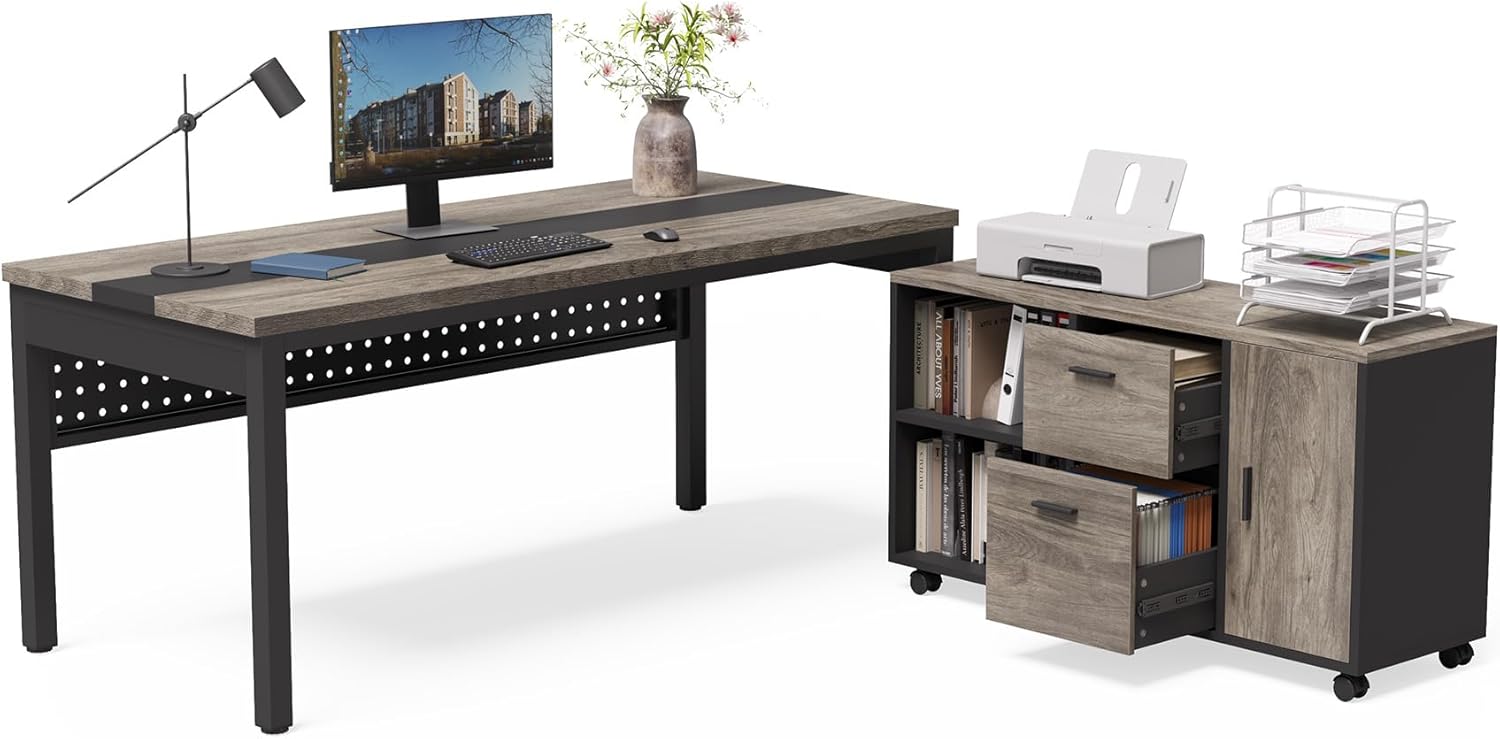 LITTLE TREE 70.8 Executive Desk with Lateral File Cabinet, Modern Thickened Wooden Workstation L-Shaped Computer Desk Large Home Office Writing Desk for Home Office