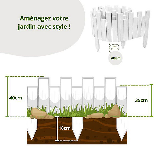 Bordure de jardin - Floranica - Bois de pin - 200 cm x 30 cm - Blanc - Esthétique crénelée