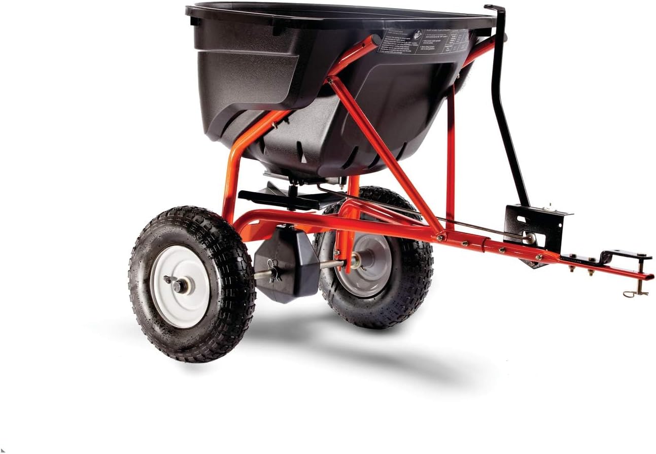 Agri-Fab 45-0463 Pull Behind Broadcast Spreader 130 lb. Hopper Capacity Designed for Seed  Fertilizer  Salt  Ice Melt with Universal Hitch 12 ft. Spread Width for Riding Lawn Mowers and Lawn Tractors