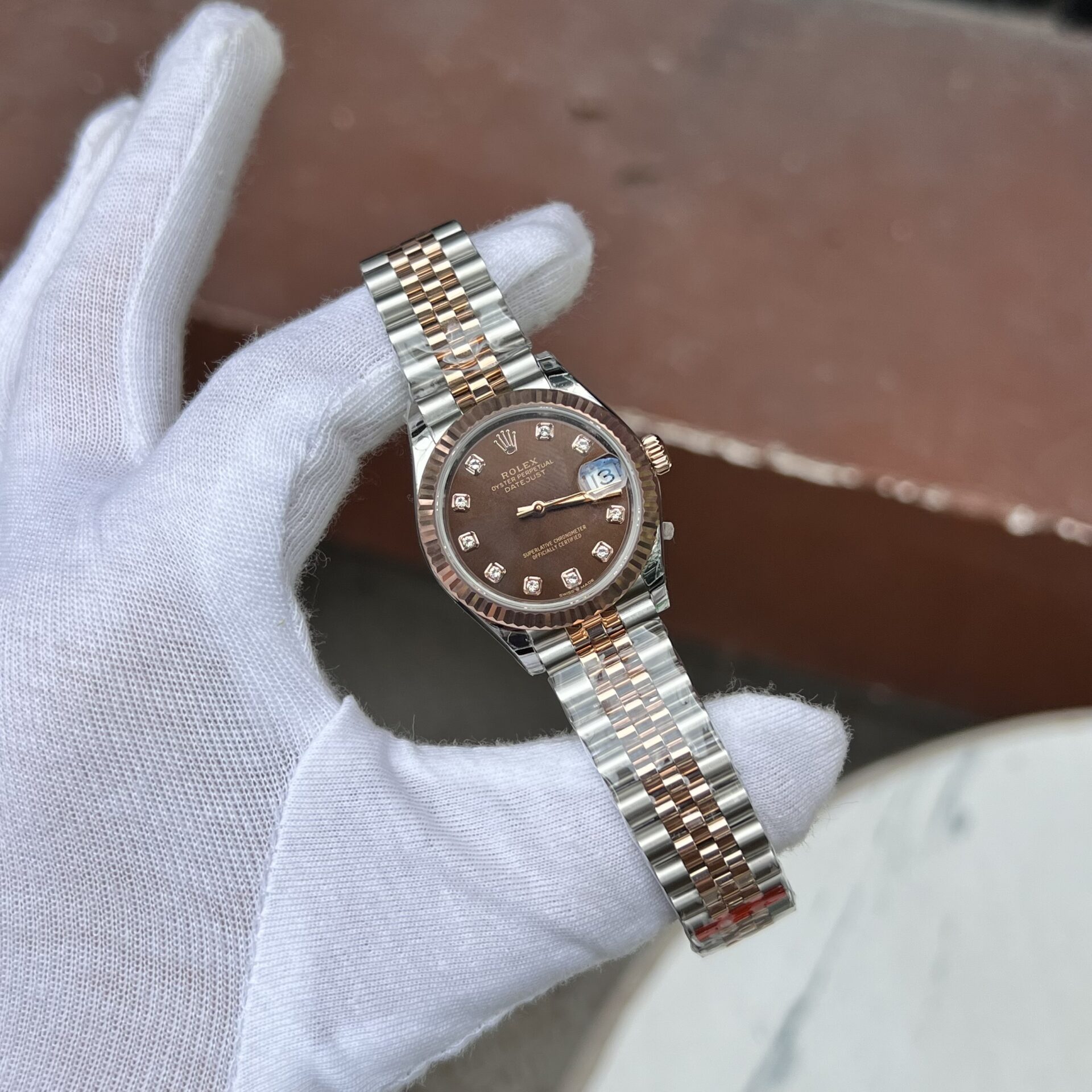 Rolex Datejust SS/RG Plated Chocolate Dial CZ Diamonds 31mm Jub Replica