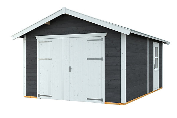 Garage bois SKAN HOLZ Varberg 1, 370x525cm, 45mm, traitement coloré gris ardoise
