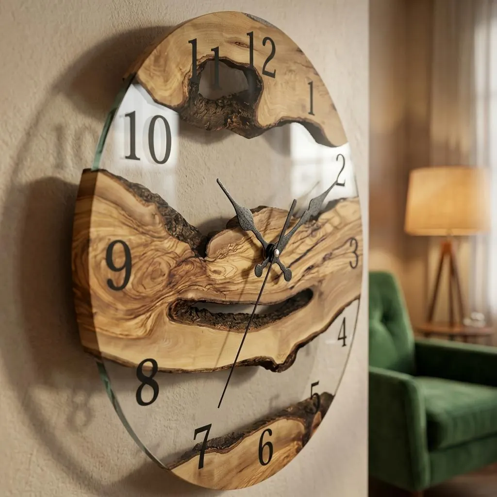 Wood Grain Wall Clock, 30cm Modern Glass Clock, Silent Tempered Glass Wall Decor, Abstract Wood Pattern, Minimalist Living Room Clock