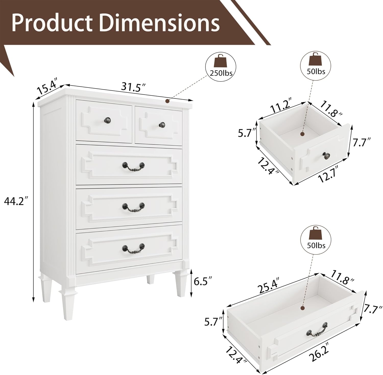 5 Drawer Dresser for Bedroom, 44 Tall Dresser & Chest of Drawers wtih Vintage Surface, Closet Storage Cabinet for Living Room, Hallway, White