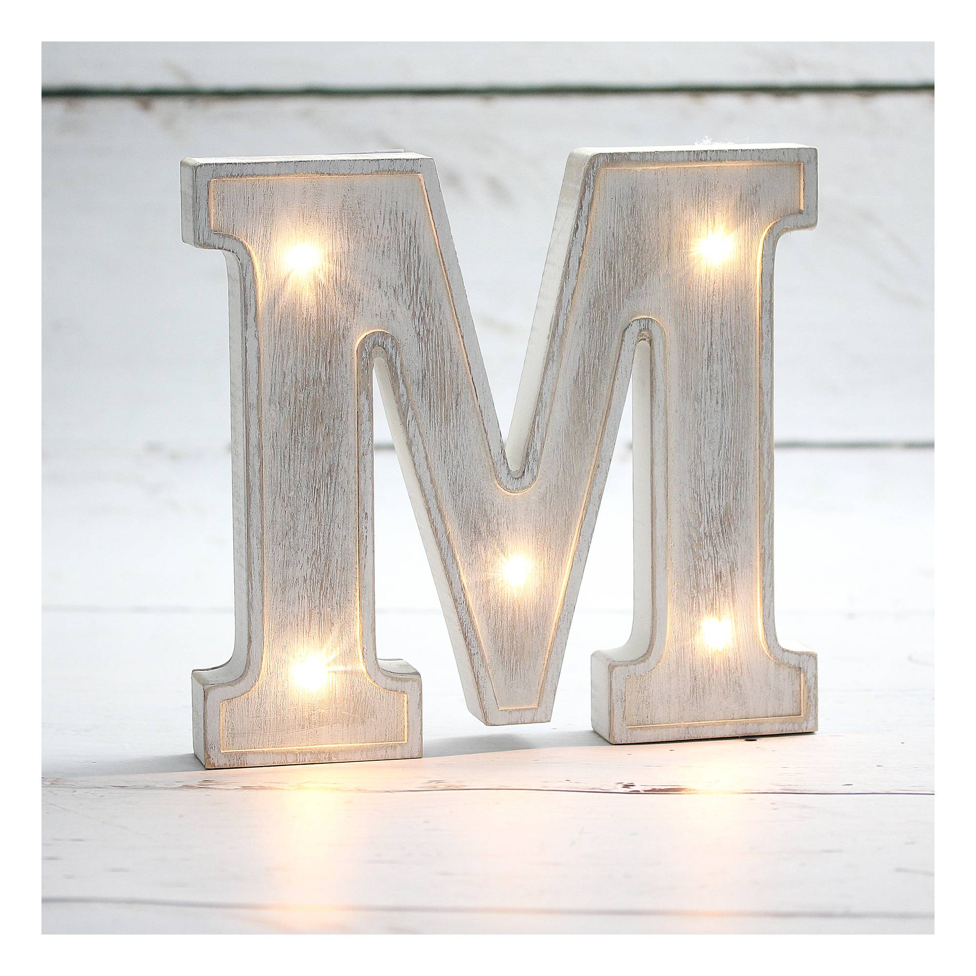 White-Washed Wooden LED Letter M 21cm