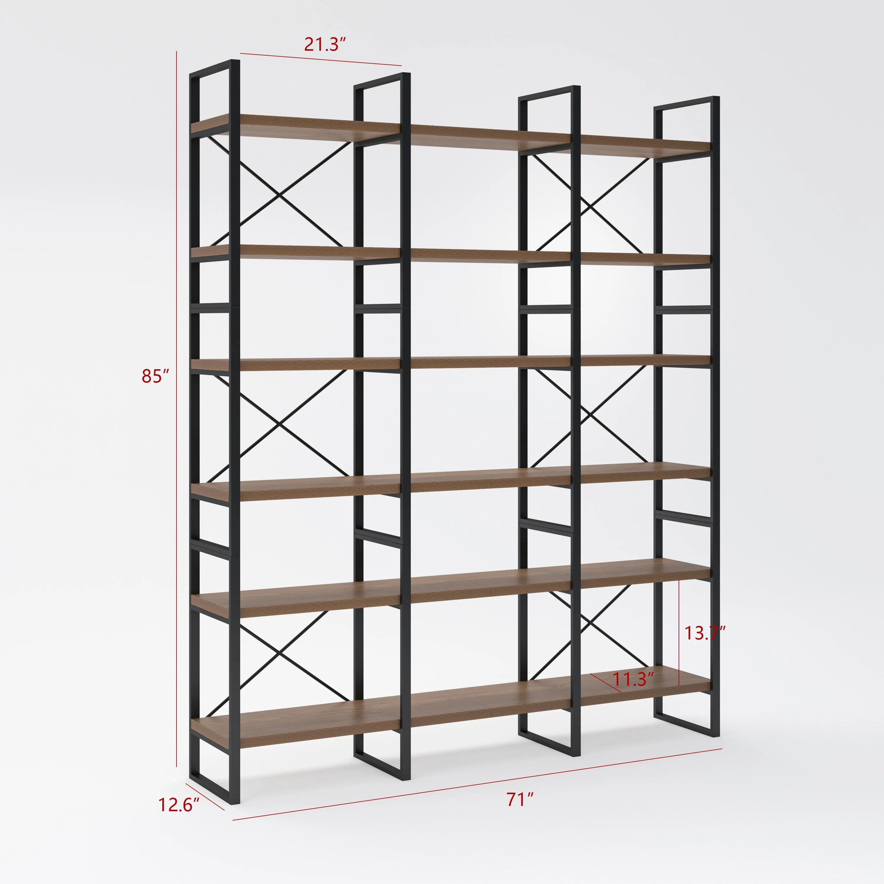 Davee Brown Walnut Color 6-Tiers Industrial Style Bookcase - 85 H x 71 W x 12.6 D
