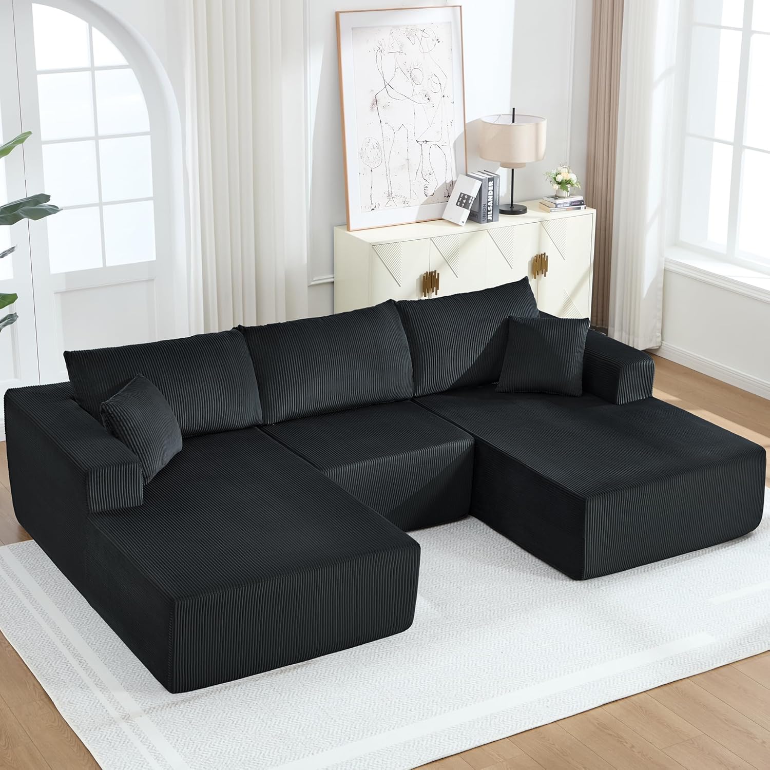 Modular Sectional Sofa,114 U-Shaped Boneless Sofa for Living Room,Oversized 3-Seater Deep Seat Cloud Couches,Corduroy Upholstered Corner Sofa Couch,No Assembly Required,Black