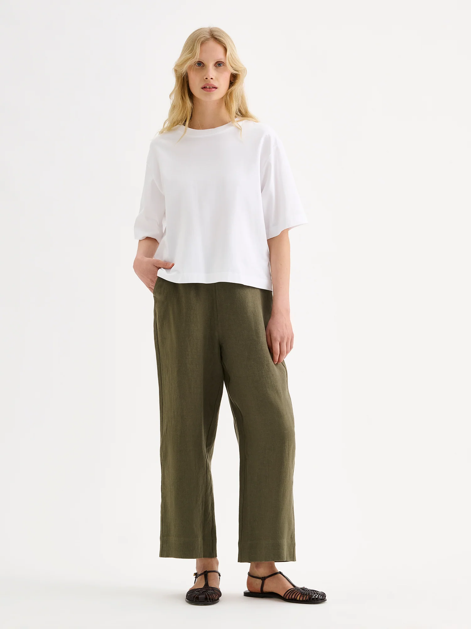 SAARI culottes-pellavahousut - oliivinvihreä