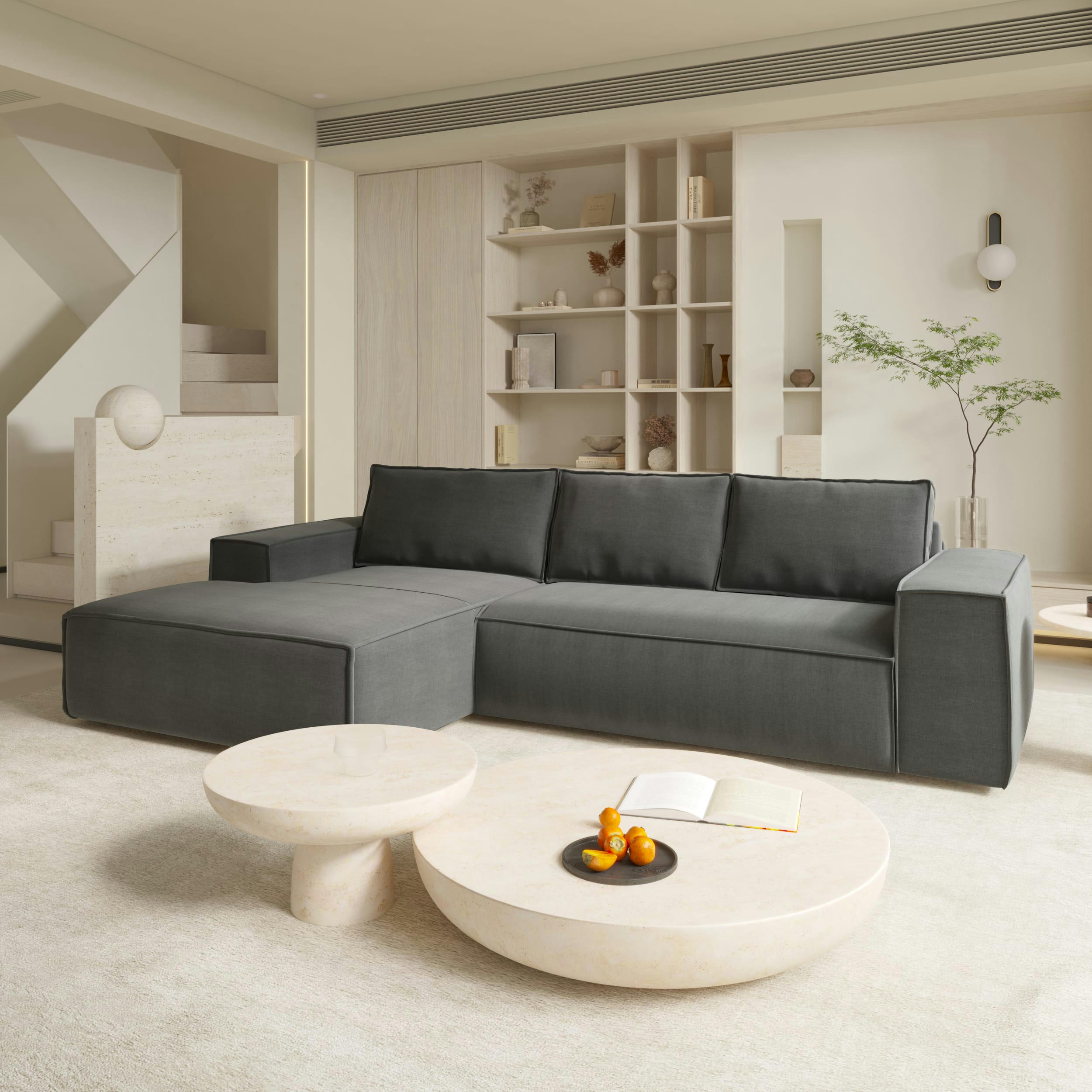 JOAN - Canapé convertible angle gauche dunlopillo velours gris 140cm