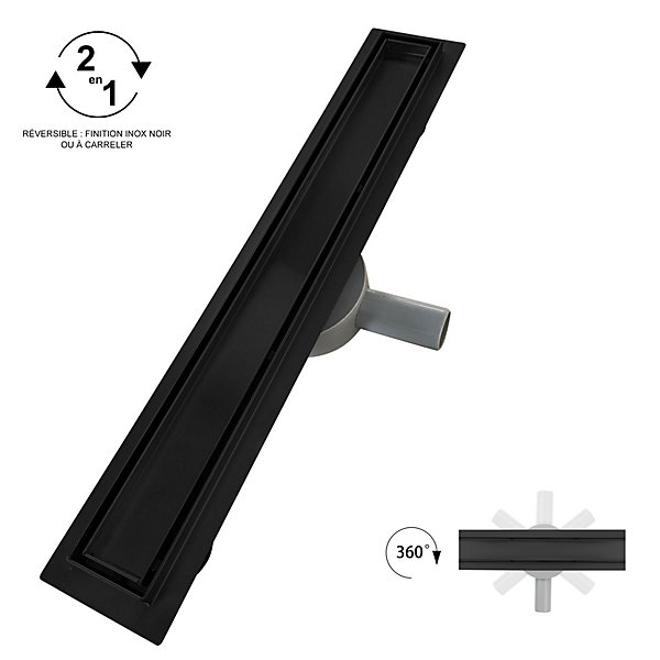 Caniveau de douche 2en1 VINY L.60 cm, réversible à carreler ou inox noir   siphon 360, drainage 36l/min - SANIVERRE