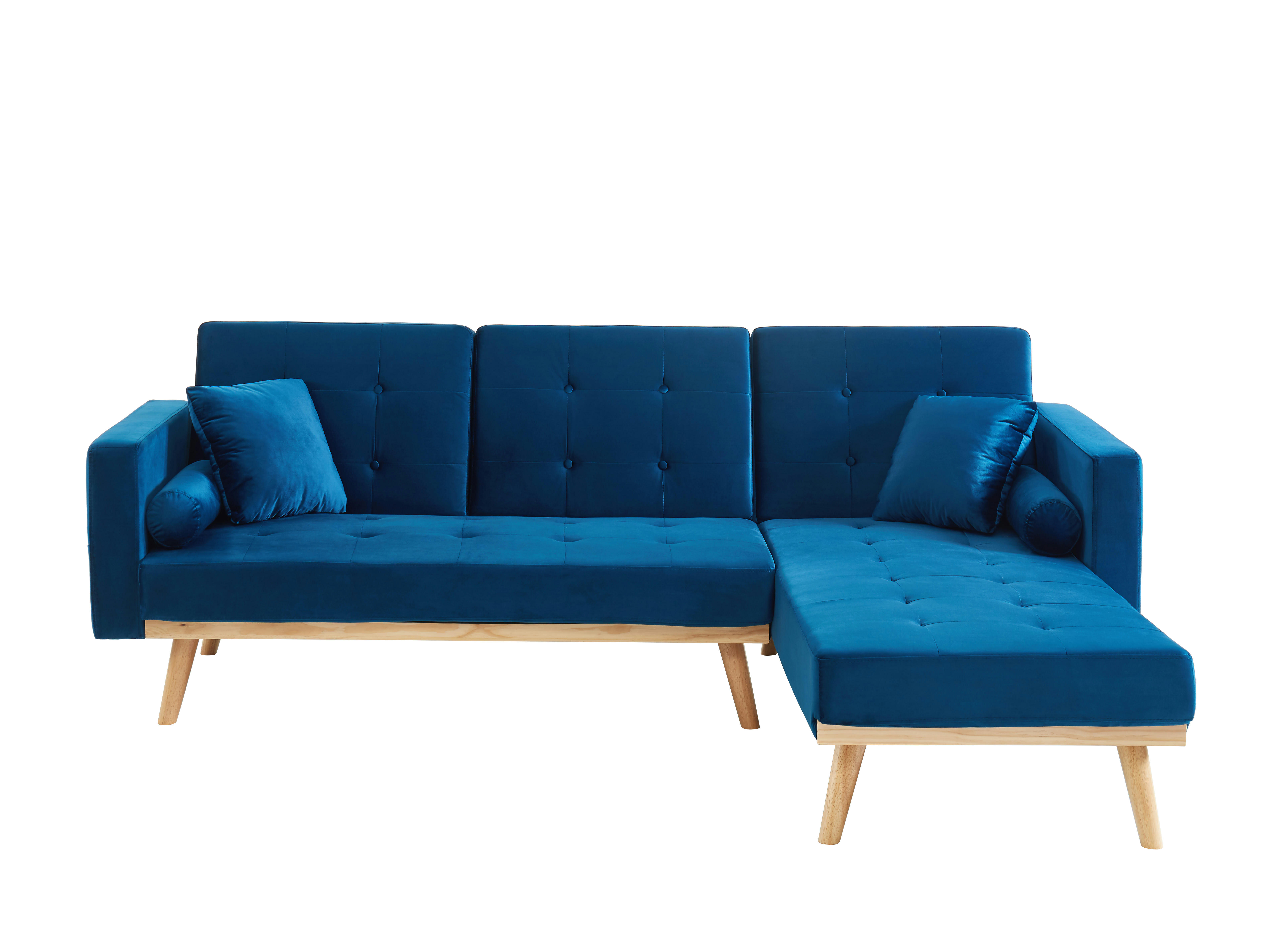 KELLY - Canapé d'angle convertible en velours 4 places bleu