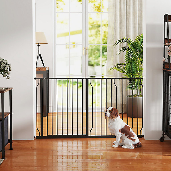 Barrière de sécurité animaux réglable L.75-145 cm - porte double verrouillage, ouverture double sens -sans perçage - acier ABS
