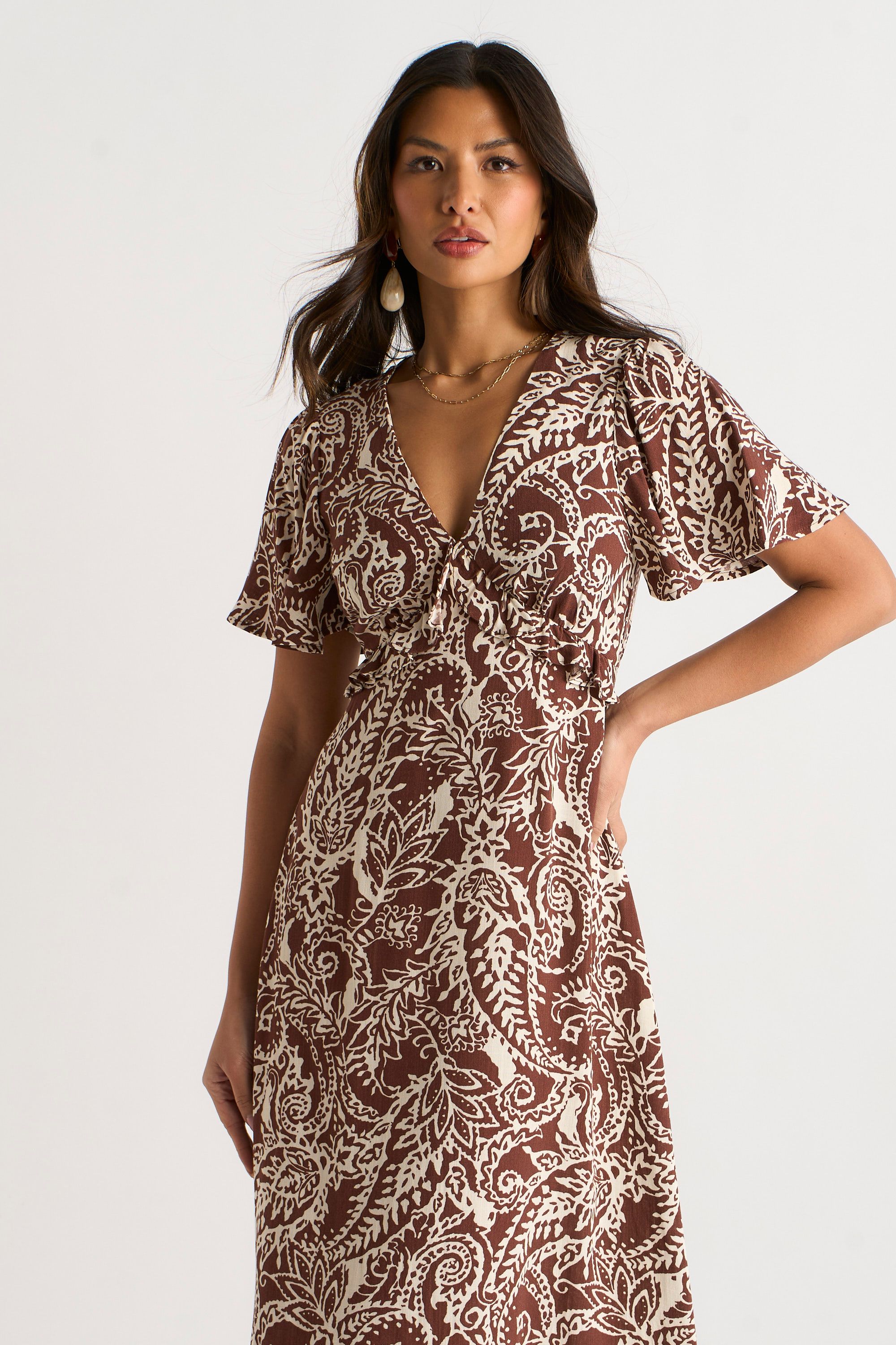 Gini London Chocolate Paisley Print Ruffle Midi Dress