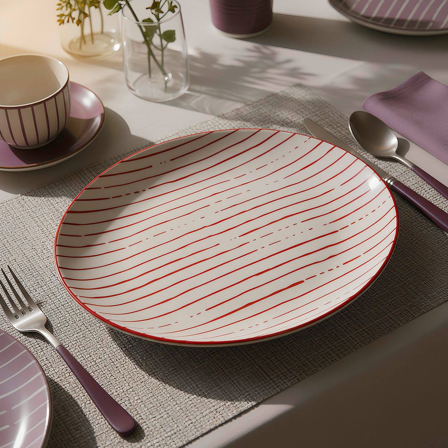 Piatto piano bianco righe rosse porcellana Mix e Match