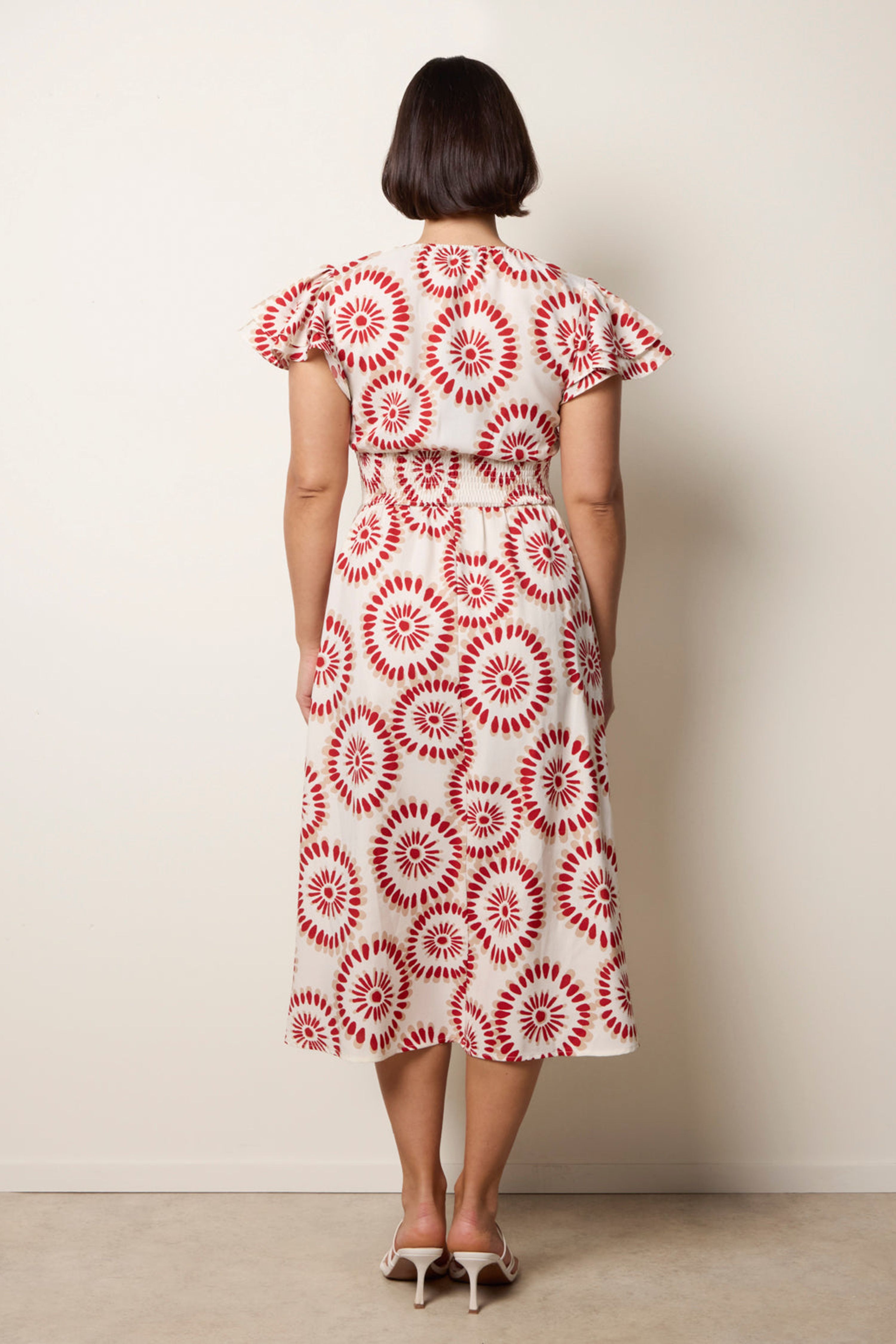 Blue Vanilla Cream and Red V Neck Frill Sleeve Printed Midi Dress