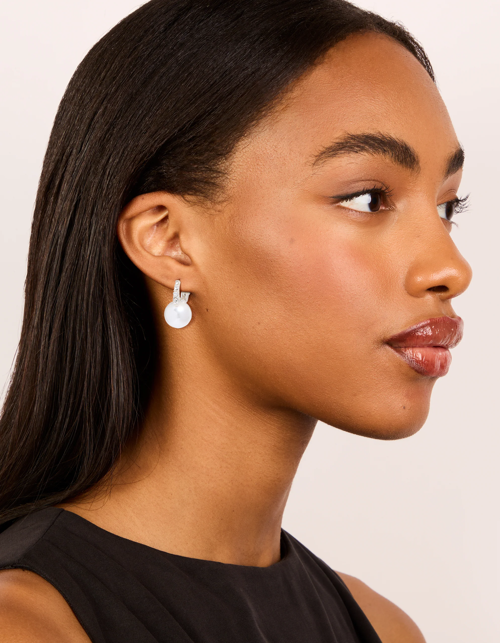 Silver Diamante Pearl Huggie Earrings