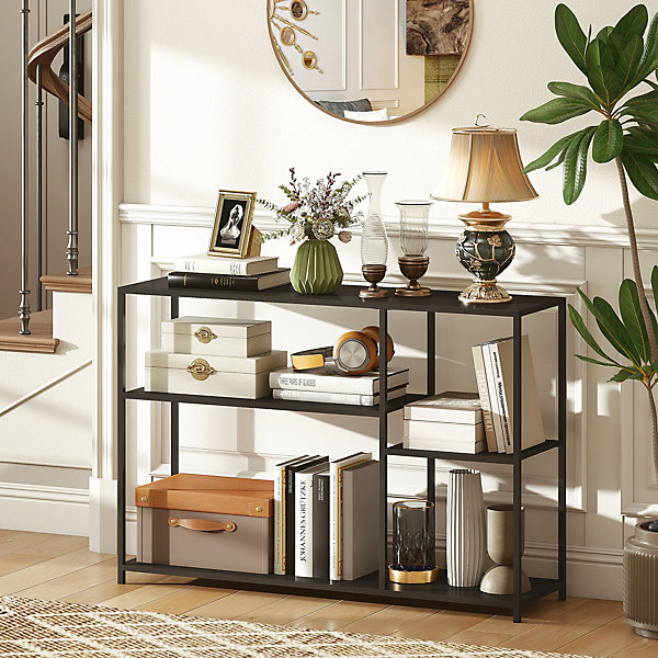 Console meuble d'entrée style industriel 4 étagères dim. 110 x 30 x 75 cm acier panneaux noir