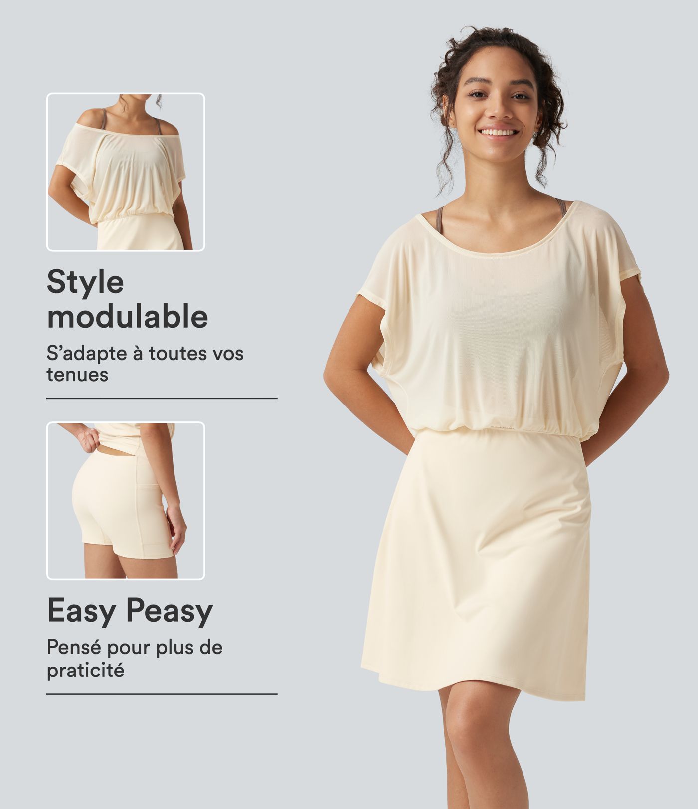 Robe-short mini SoftlyZero™ Plush pour le yoga à encolure bateau, manches courtes et poches - Easy Peasy