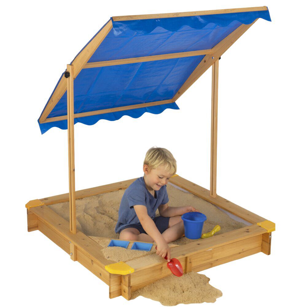 Bac à sable avec toit inclinable en bois et toile bleue 118x118xH118cm