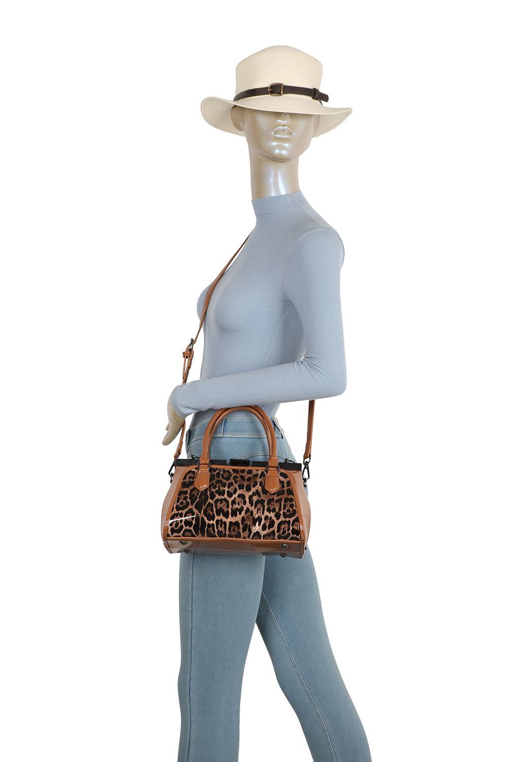 Fontanella Fashion Patent PU Leopard Print Top Handle HandBag Metal Clasp Closure