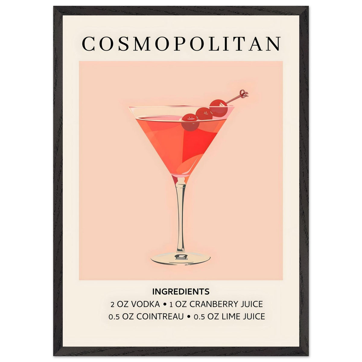 Artfulprints Poster met Lijst Cosmopolitan cocktail - Ingrediënten  - 50x70 cm - Roze