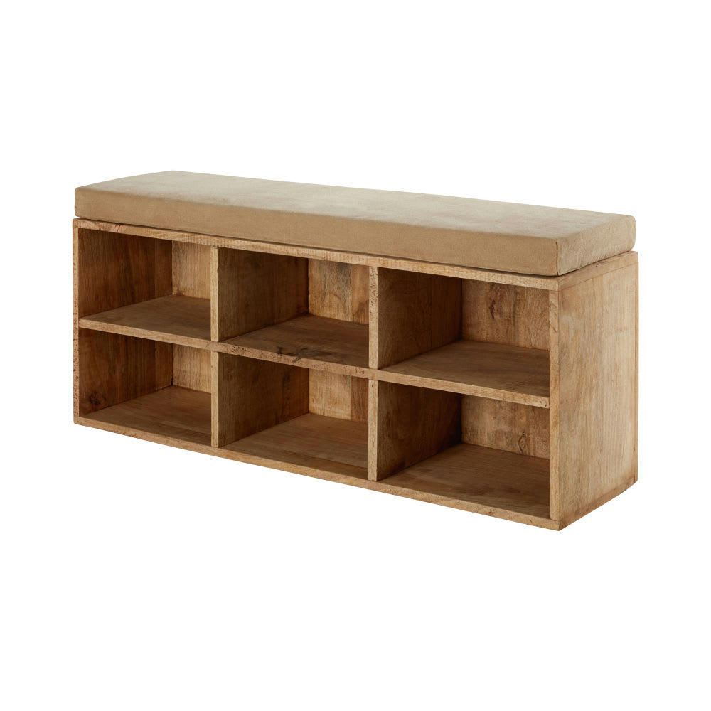 HERNING - Banquette 6 casiers en manguier et coton beige foncé