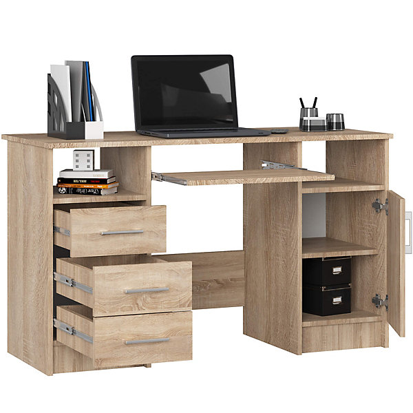 Bureau d'ordinateur AKORD ANA Chêne Sonoma 124 cm 1 porte 3 tiroirs façade Chêne Sonoma 5 étagères 124x52x74 cm