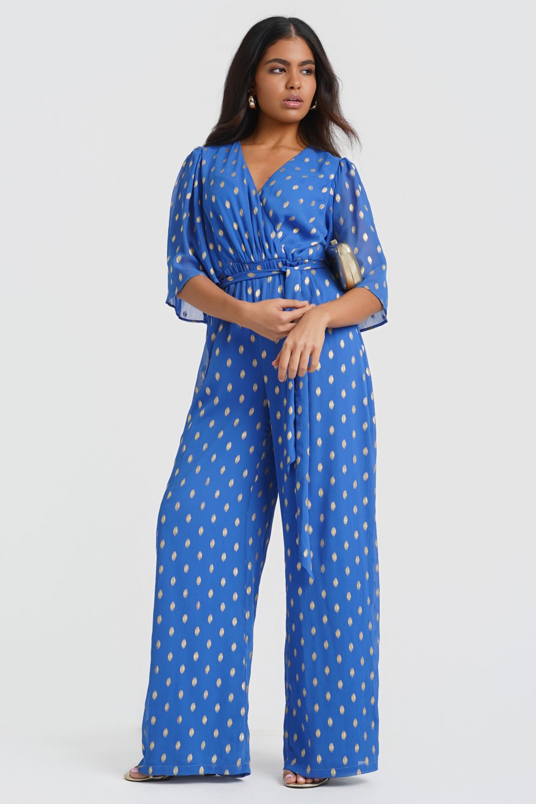Needs No Label Blue Foil Angel Sleeve Jumpsuit