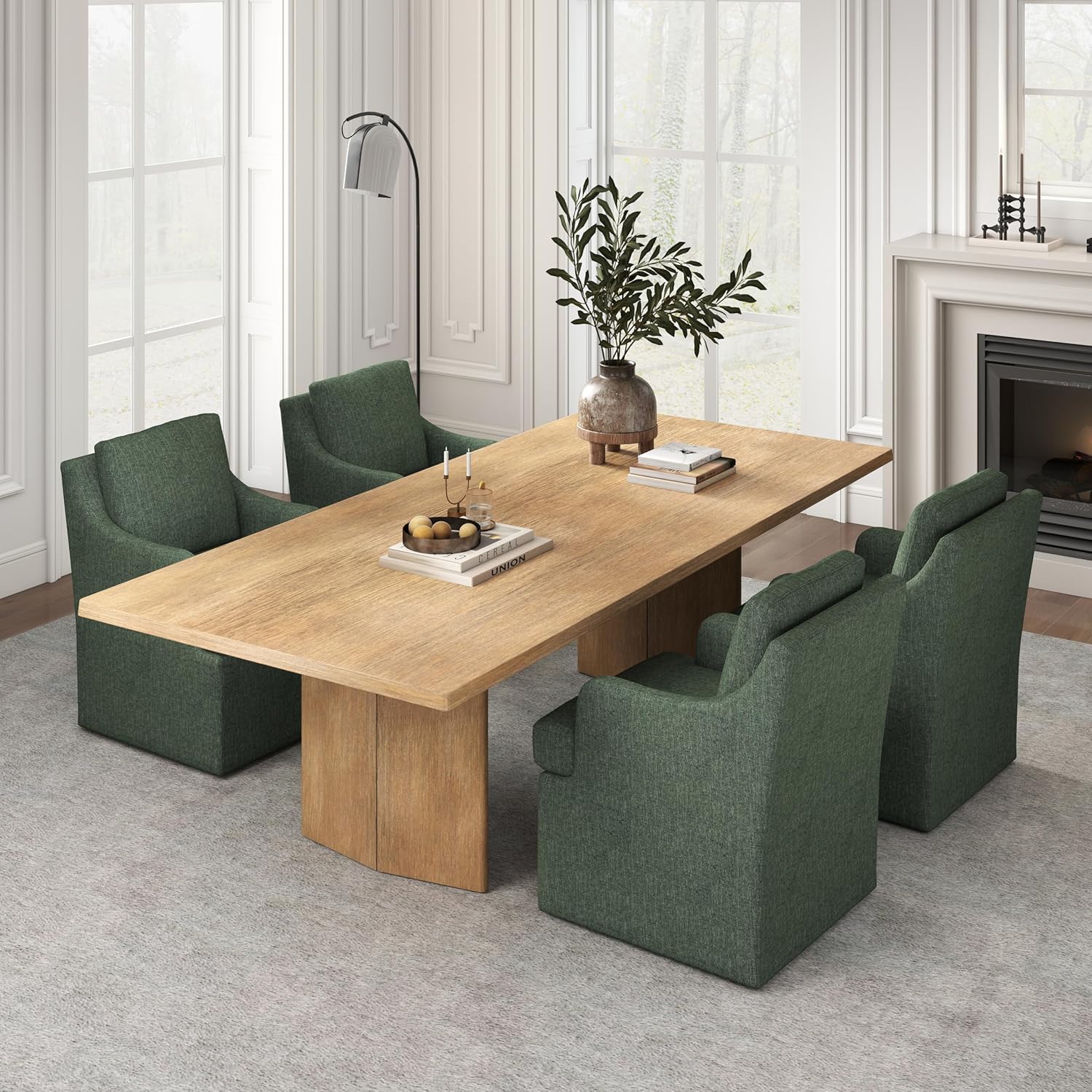 VKNOW Upholstered Dining Chairs Set of 4, Modern Kitchen Chairs Dinner Chairs with 4 Casters, Chenille Armchair for Bedroom Reading Room Living Room, Green
