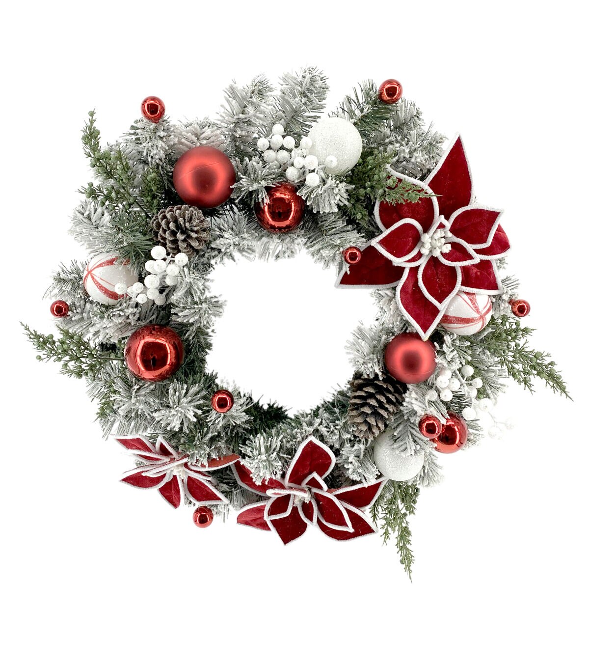 Coordinating Red Poinsettia & Flocked Pine Wreath, Garland, Swag, & Teardrop