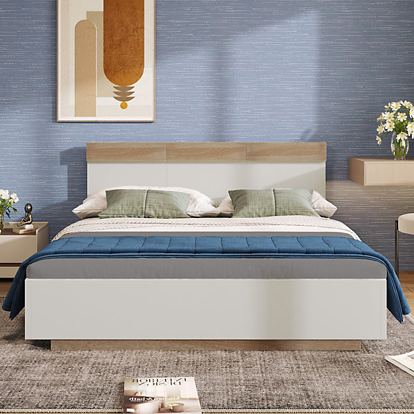 Lit double 140x200 cm - Lit adulte flottant en bois massif avec sommier à lattes - Bois massif - Sans Matelas - Naturel
