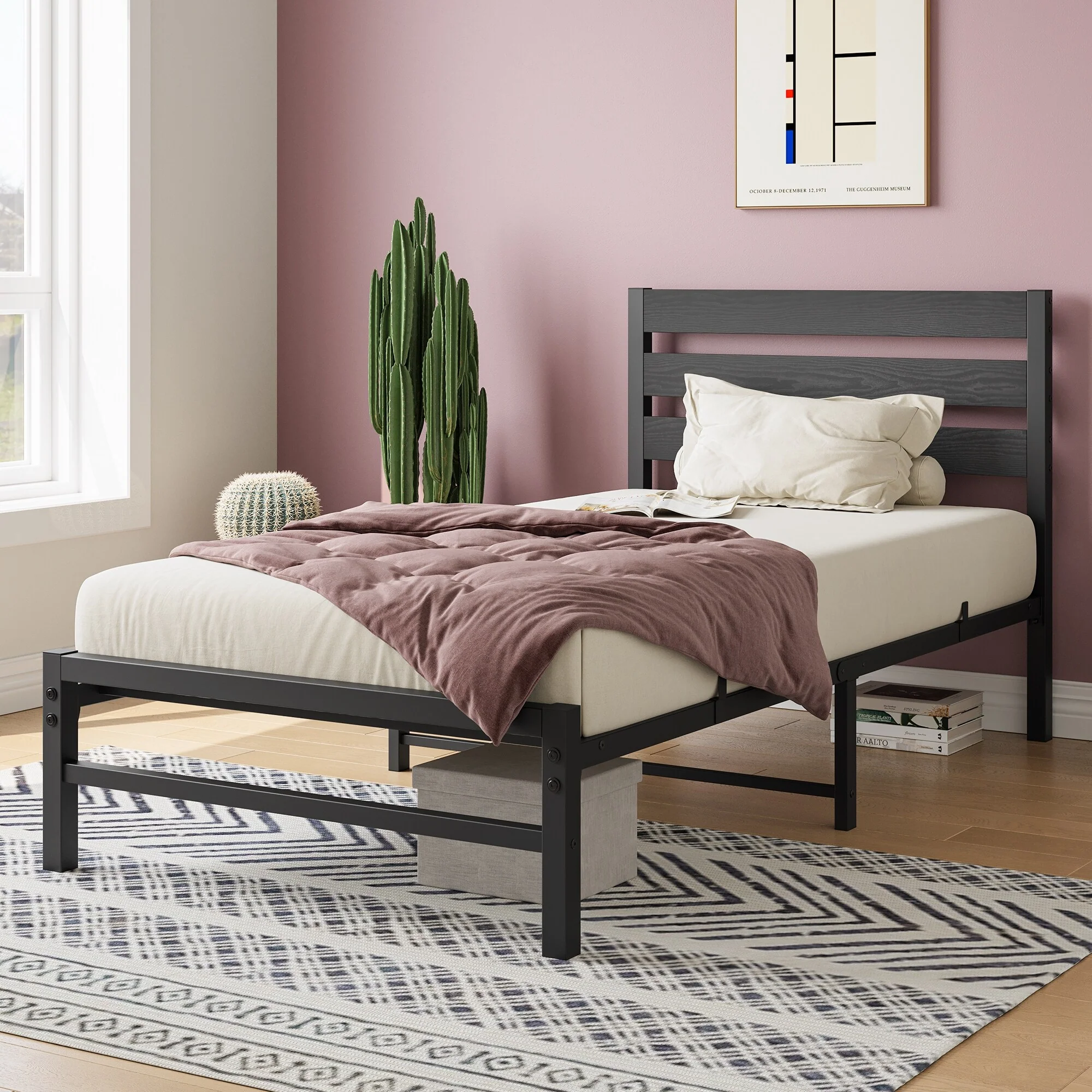 Durable Metal Platform Bed with Rustic Headboard, Extra Storage & Easy Assembly