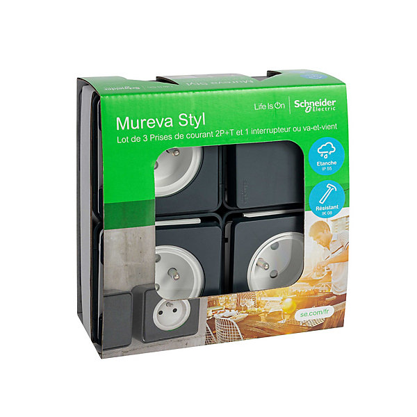 3 prises avec terre   1 interrupteur va-et-vient Schneider Electric Mureva Styl gris anthracite, lot