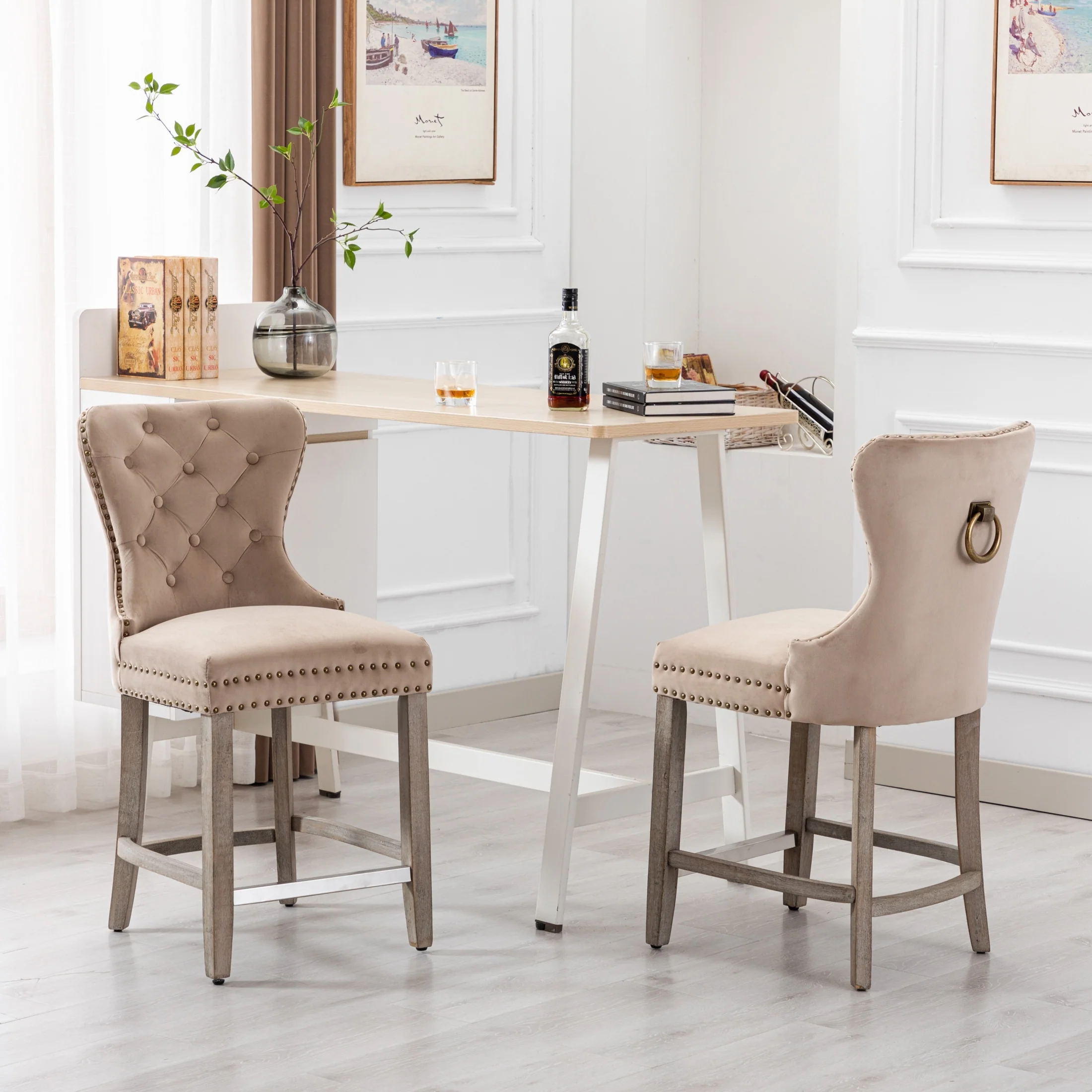 Carter 24 Wingback Tufted Nailhead Counter Stool (Set of 2), Antique Grey Legs