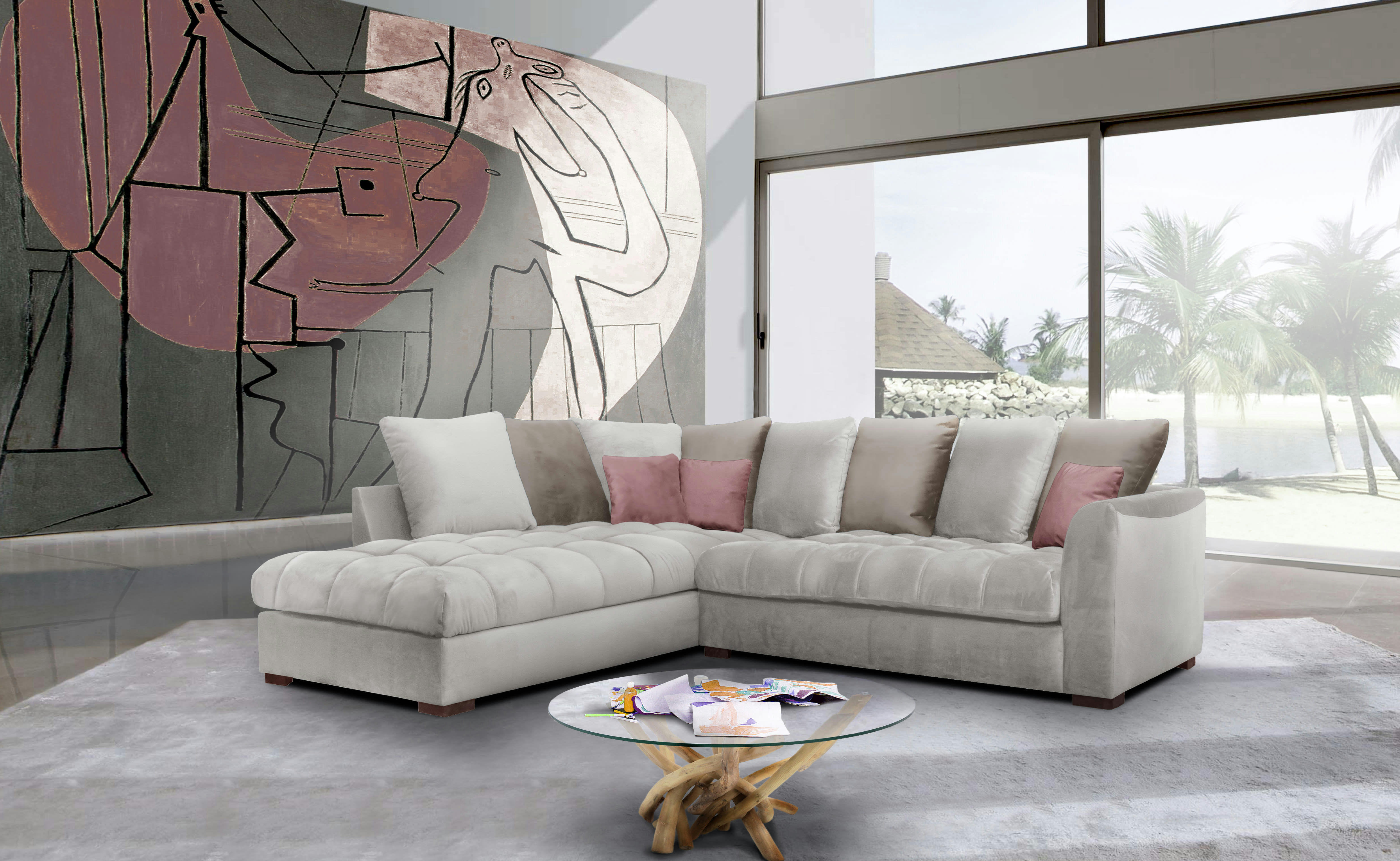 BARDI - Canapé d'angle gauche 5 places tissu gris clair