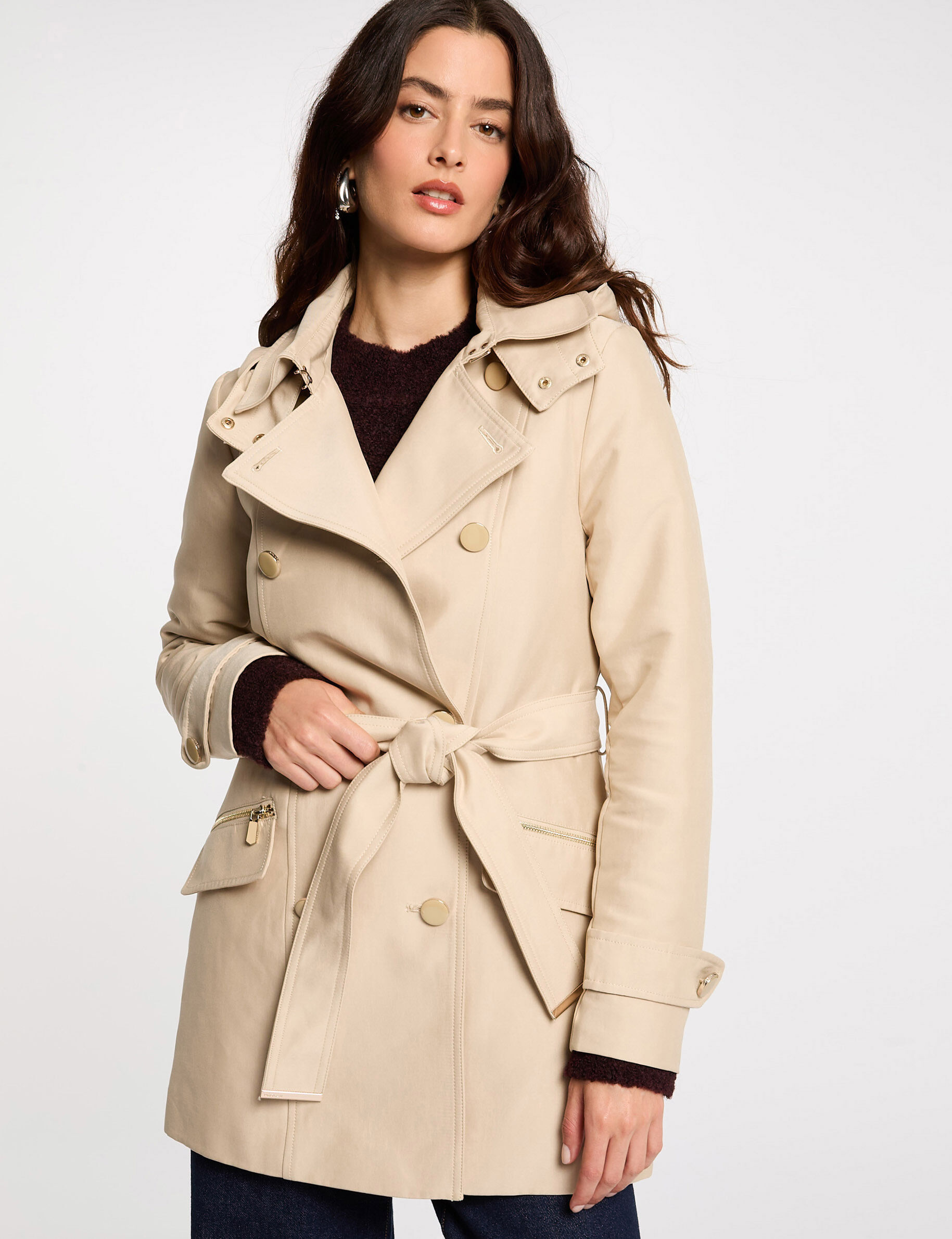 Waisted Belted Trenchcoat With Hood Sand Women