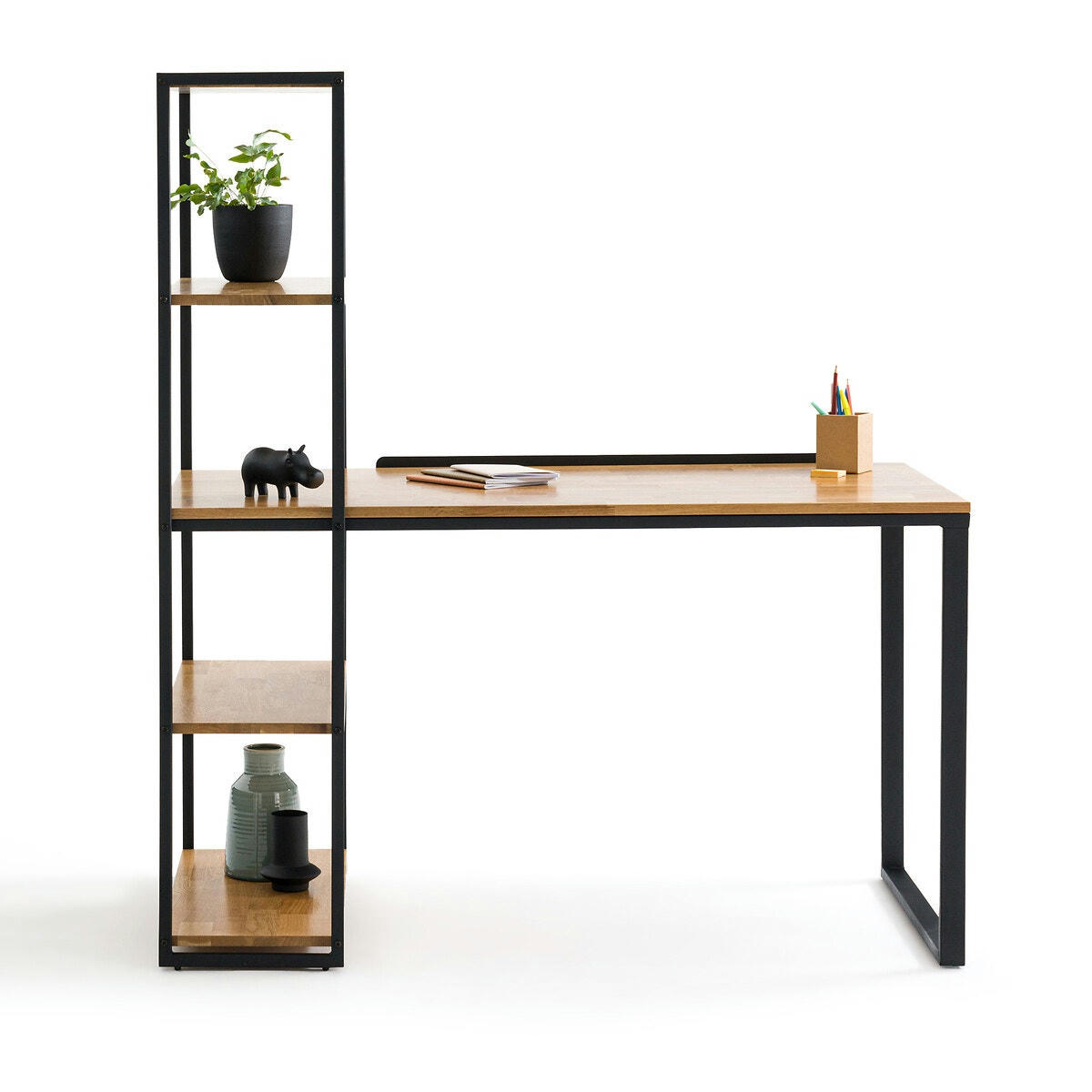 Bureau-bibliothèque chêne et métal acier, Hiba