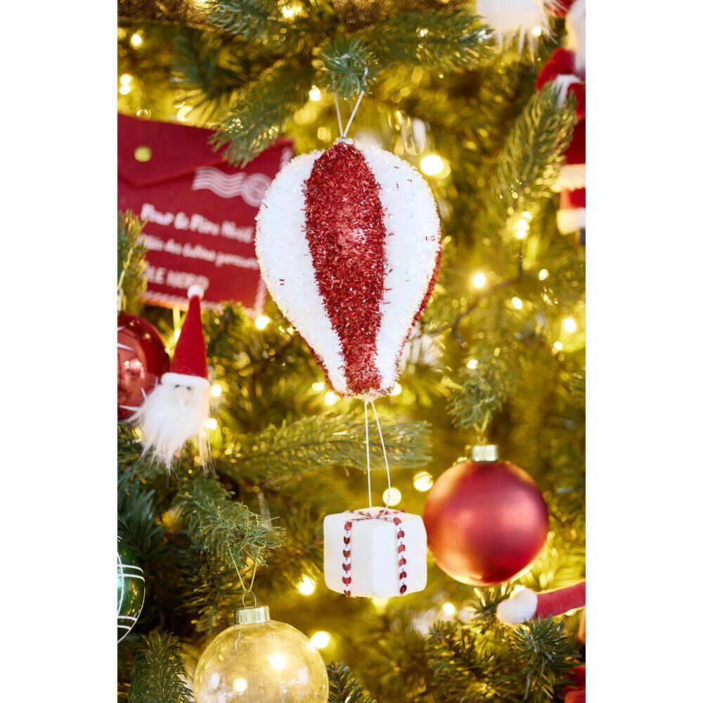 Montgolfière de No&euml;l brillante rouge et blanc à suspendre H17cm