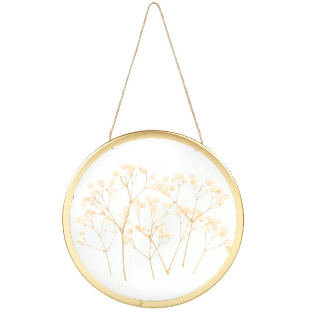 EMMA - Déco murale à suspendre en métal doré, verre et fleurs séchées beiges 25x15