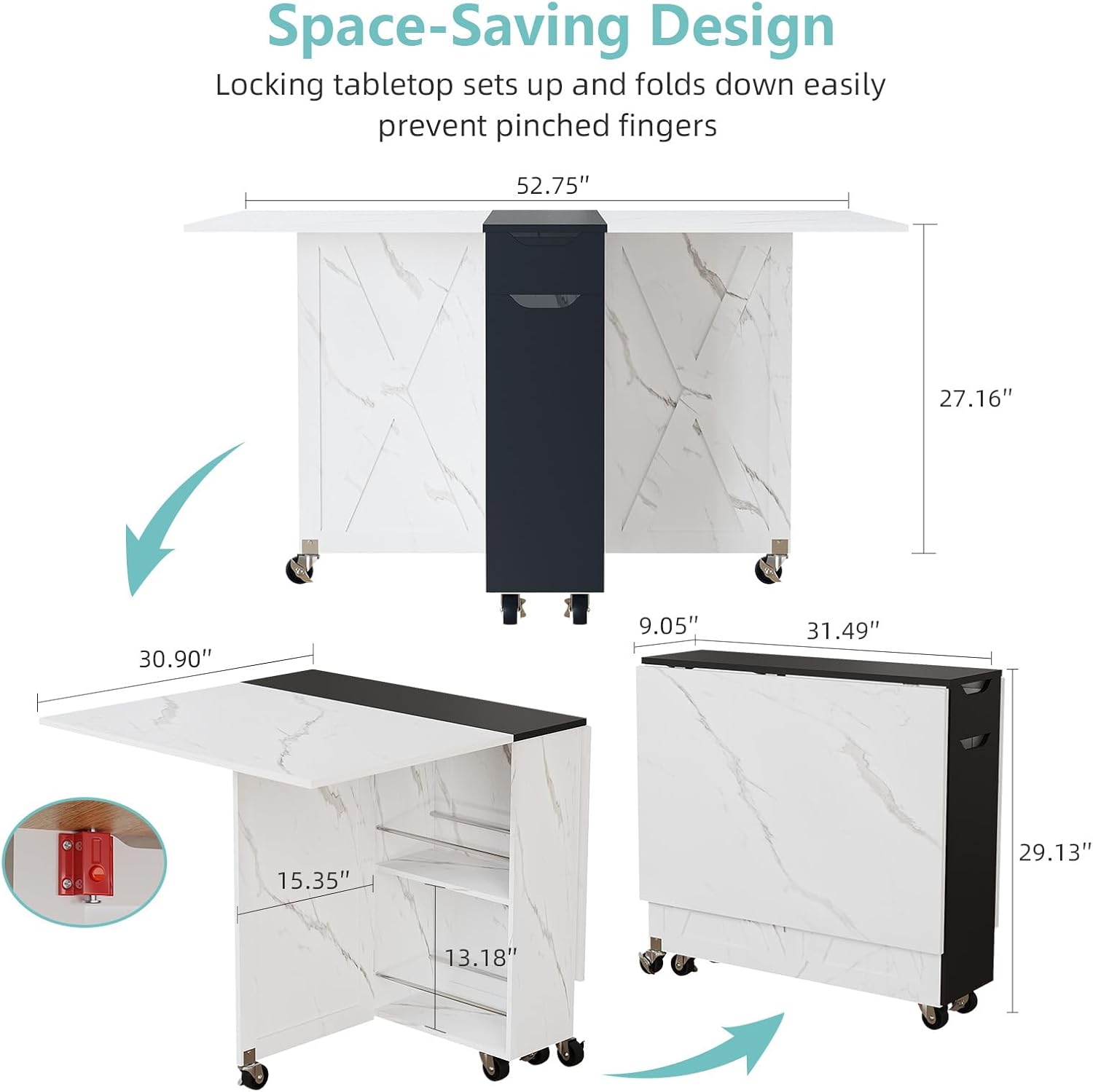 Space Saving Folding Dining Table with Drawer,3-Tier Wine Cooler Storage and 2-Layer Metal Storage Rack-Extendable Drop Leaf Farmhouse Wood Kitchen Dining Room Tables Set for 4 (White)