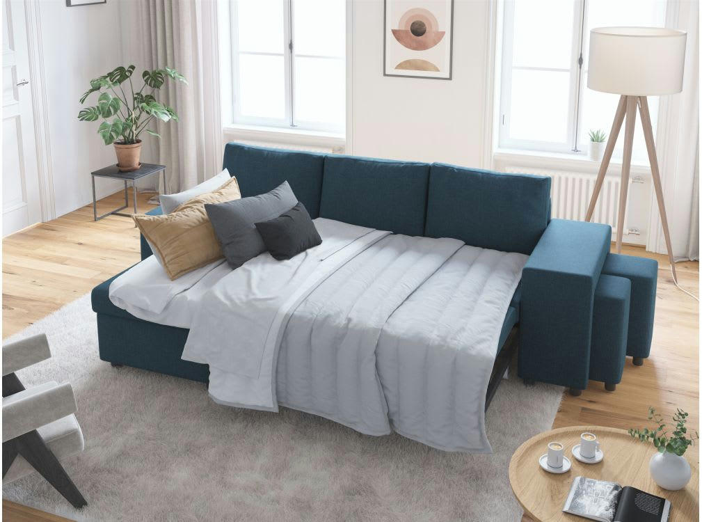 OSLO - Canapé d'angle convertible bleu pétrole avec rangement poufs à droite