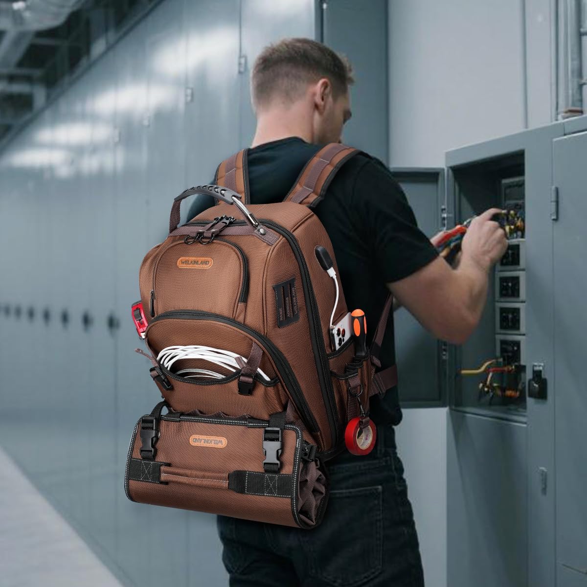 WELKINLAND 70Pockets HVAC Tool Backpack With Tool Roll, 4-Piece Electrical Backpack With Tools Roll Bags, Hard Bottom Electrician Back Pack, Tools Back Pack For Men Heavy Duty