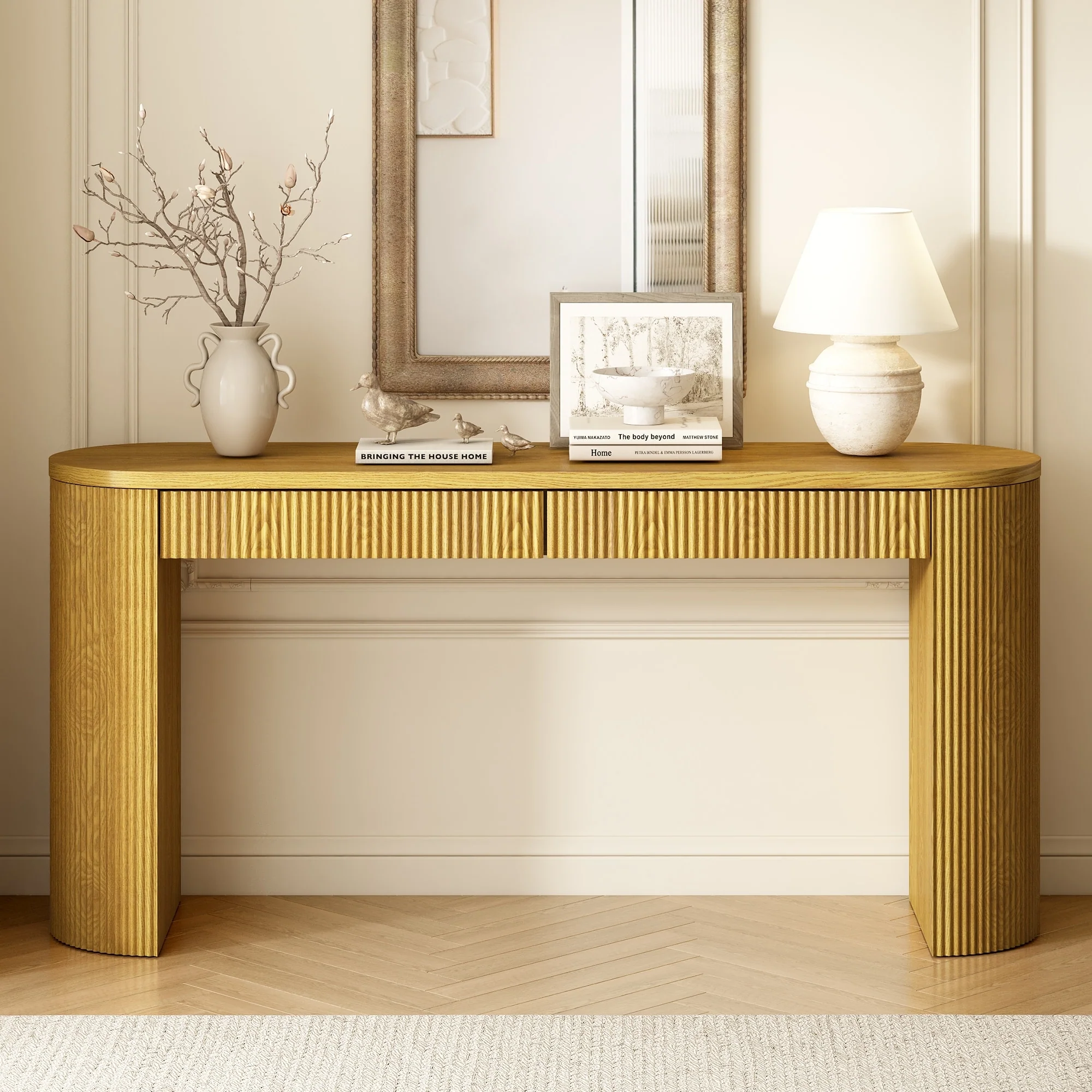 Sophisticated Console Table with Pine Veneer and Vertical Striped,Suitable for Entryway, Hallway, Living Room, Bedroom