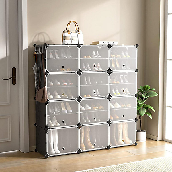 Boîtes à Chaussures 12 Cubes pour 48 Paires de Chaussures avec Porte, pour chaussuress, avec Marteau, pour Couloir, Entrée
