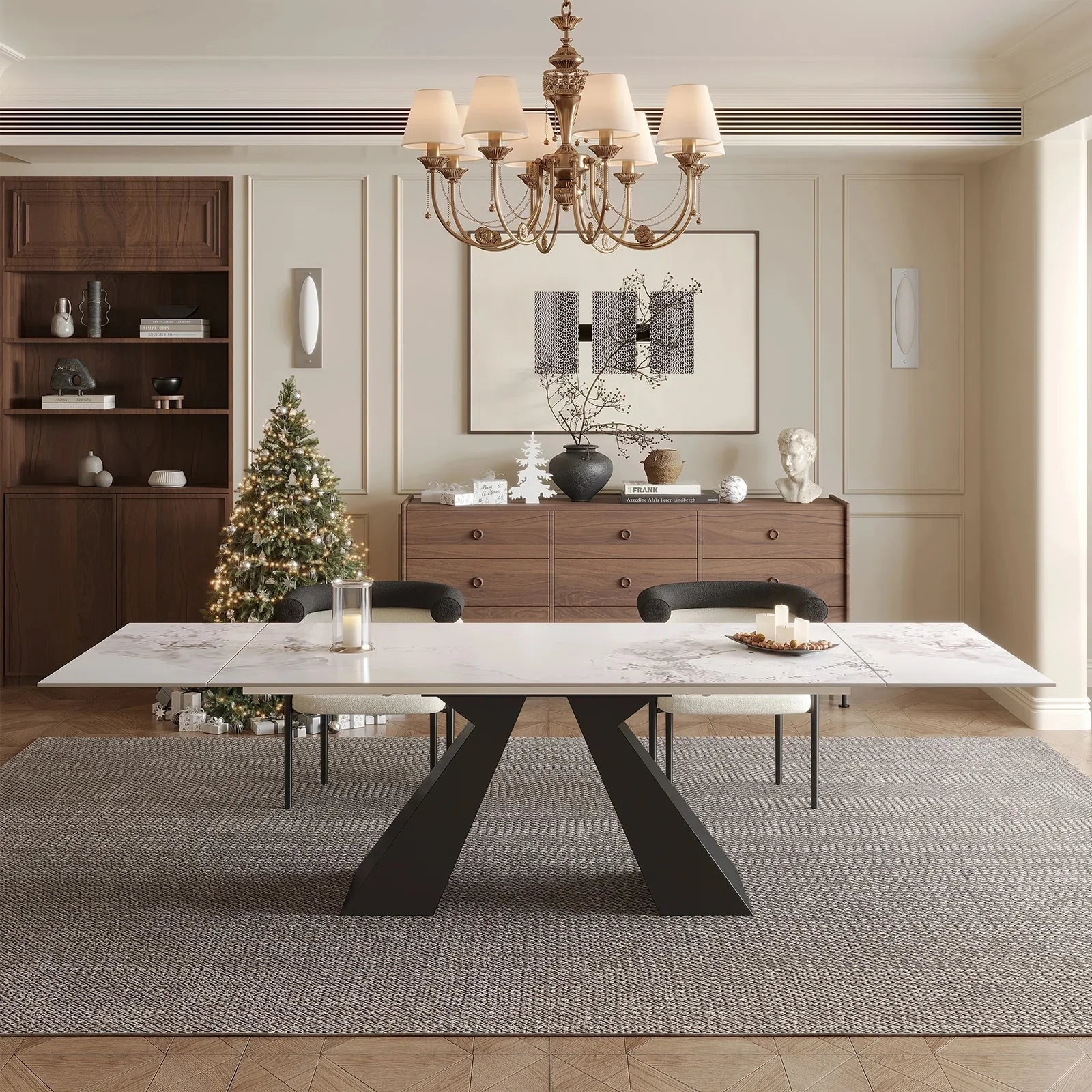 110.24 Extendable Rectangular Sintered Stone Dining Table With Double Pedestals