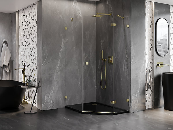 Mexen Lunar cabine de douche pentagonale pivotante droite 80 x 100 cm, transparent, doré - 831-080P-100L-50-00-P