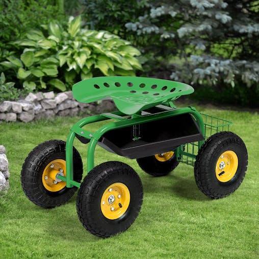 NNECW Rolling Garden Cart With Tool Tray Work Seat For Gardening-Green